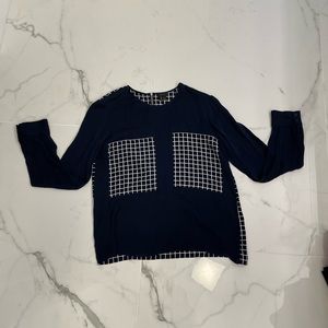 Theory Dark Blue Long Sleeve Silk Blouse